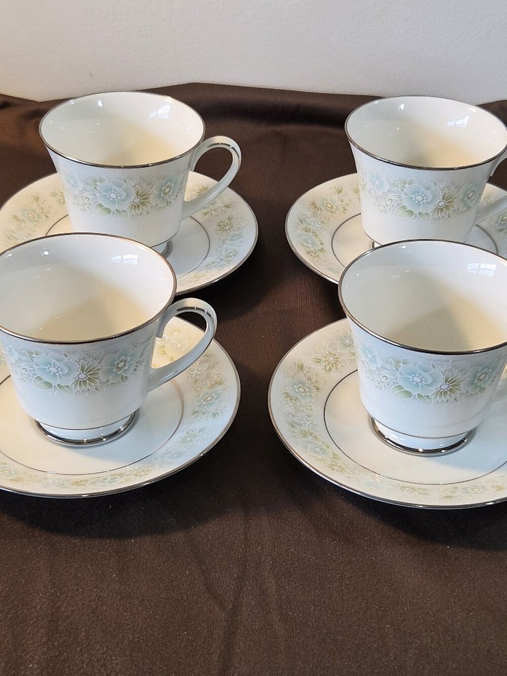 Noritake Paula Porcelain Footed Cups & Saucers, Set of 4, Vintage Pattern 2158